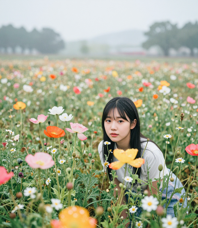 비 내리는 꽃밭 속 소녀